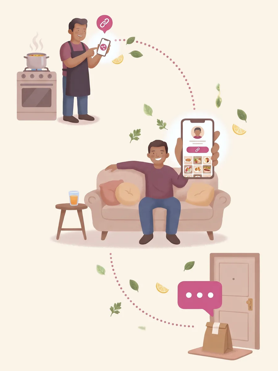 Dono compartilhando o link do cardápio pelo celular, cliente abrindo o cardápio no sofá e o pedido chegando pelo WhatsApp