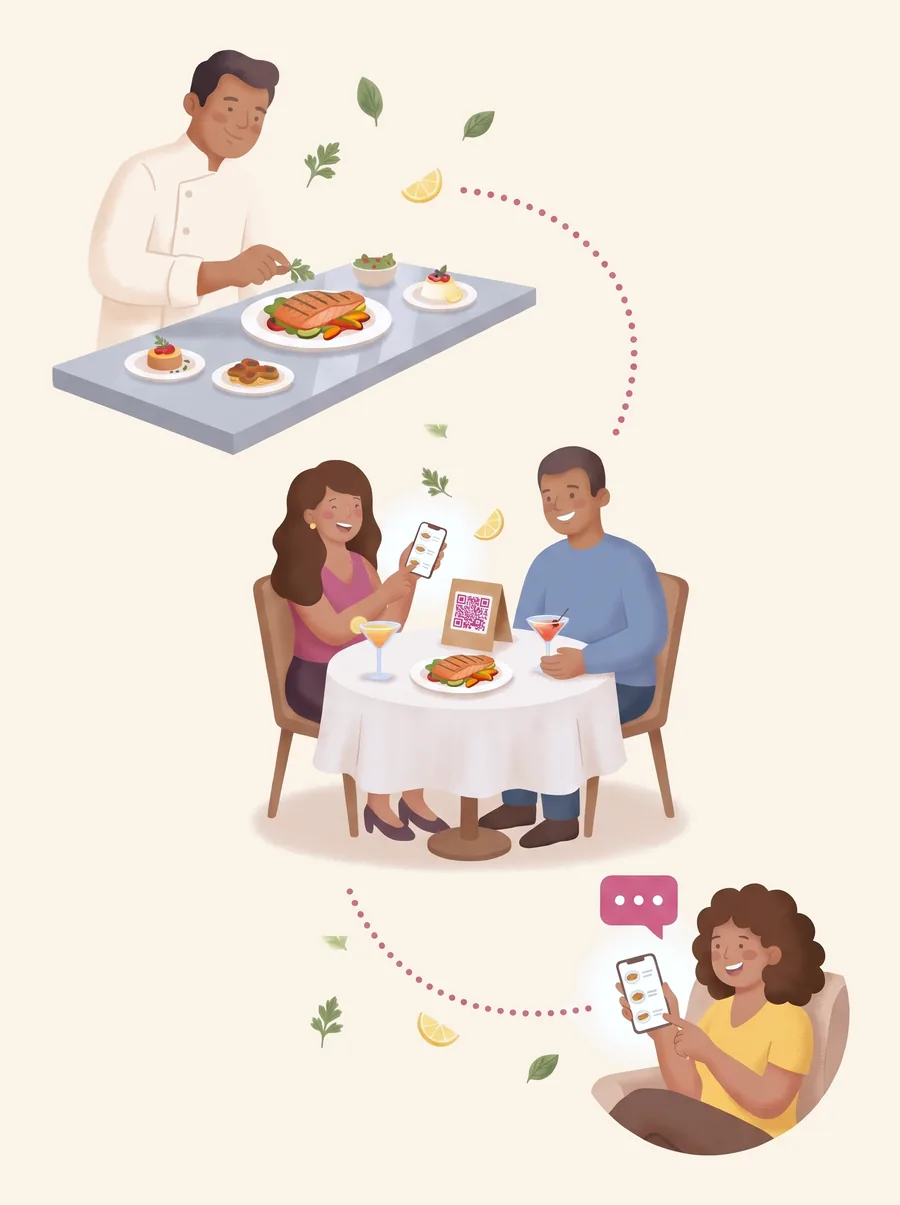 Chef finalizando um prato no bistrô, casal com drinks lendo o QR Code do cardápio na mesa e o pedido chegando pelo WhatsApp