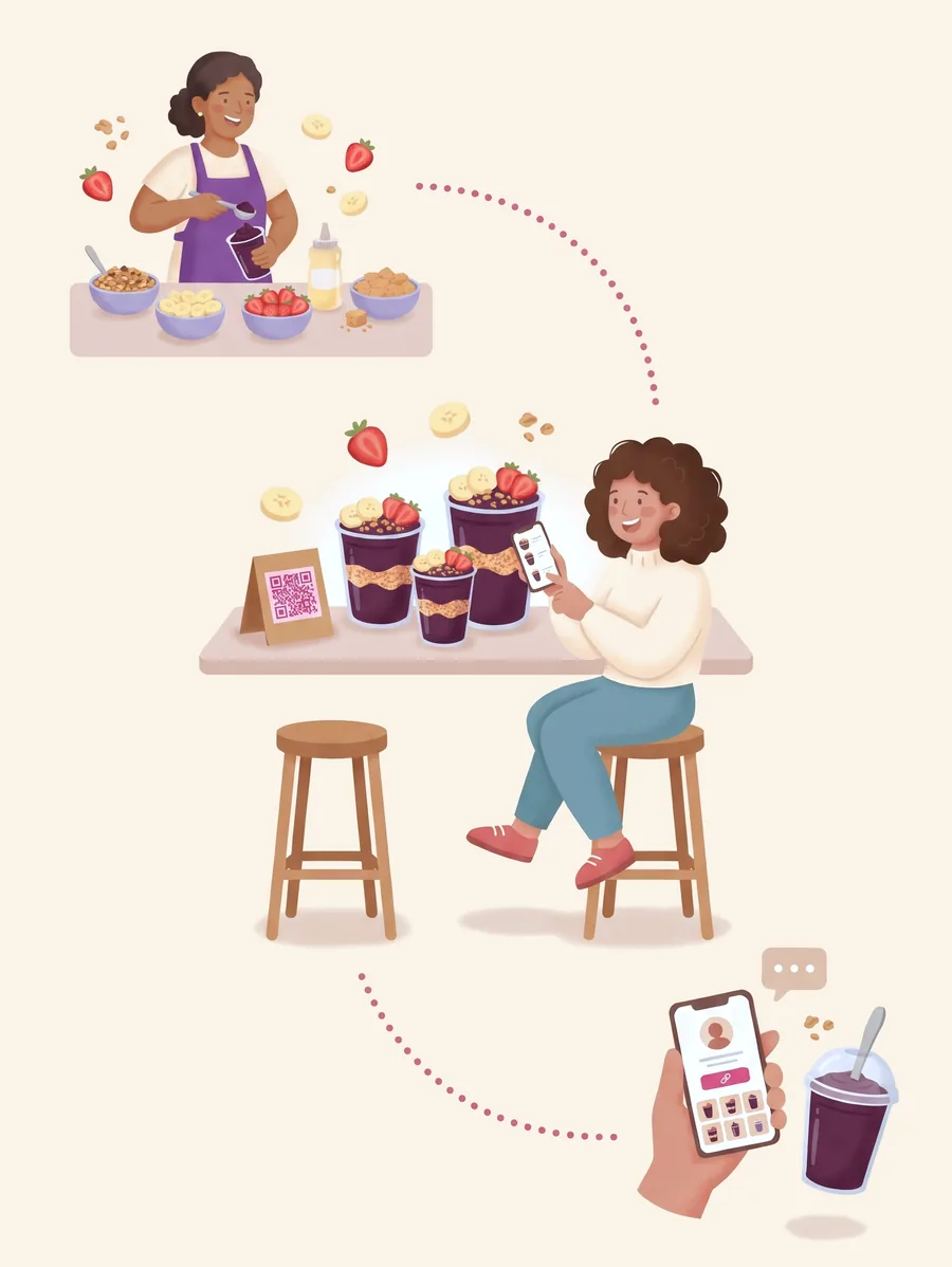 Ilustração: a atendente monta o açaí no balcão de complementos, uma cliente escaneia o QR Code no balcão para ver o cardápio no celular e outra abre o cardápio pelo link do perfil, com o copo para viagem.