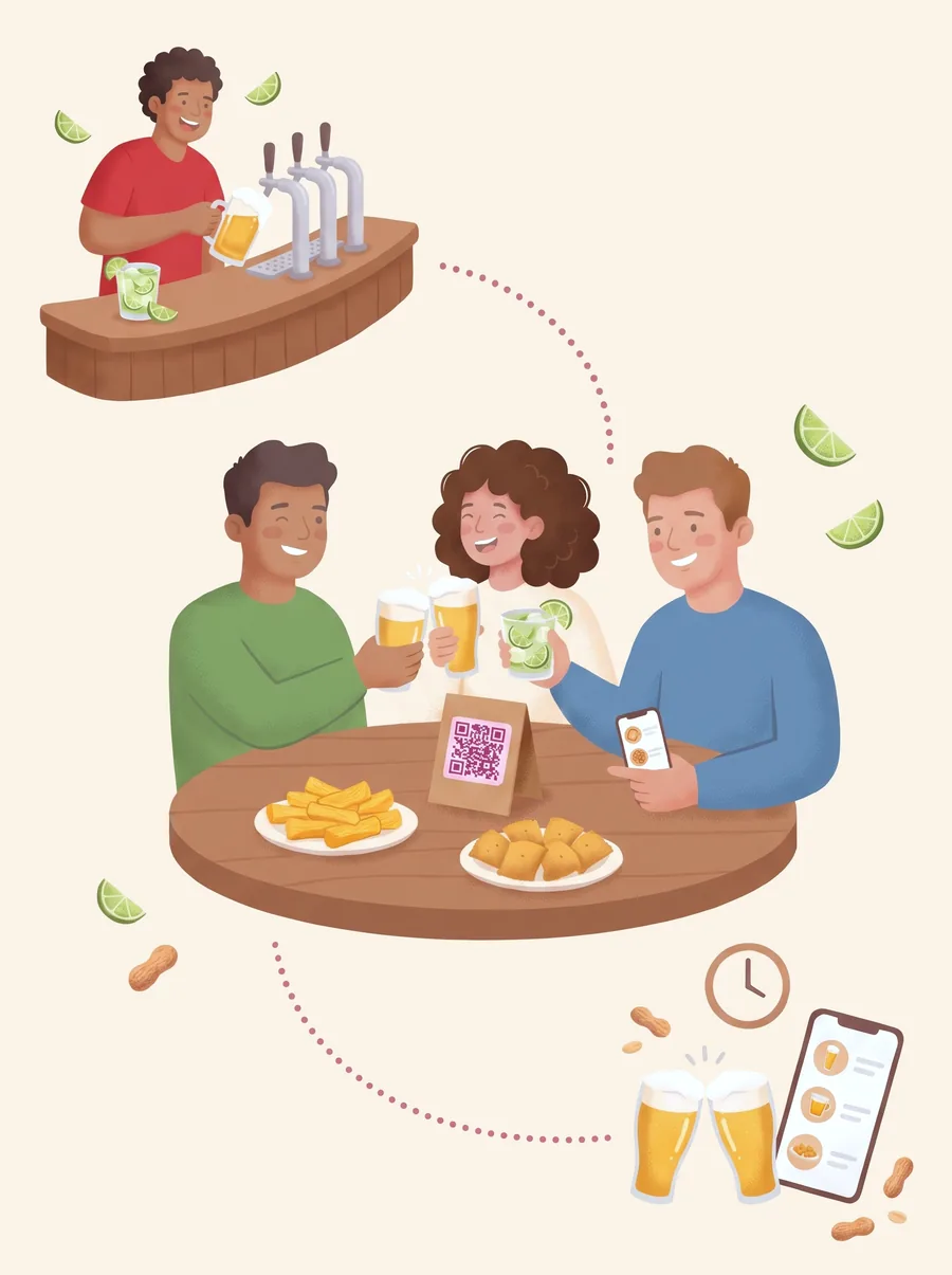 Ilustração: o barman tira o chope no balcão, três amigos brindam na mesa e escaneiam o QR Code para ver o cardápio no celular, e dois copos de chope brindam ao lado do mesmo cardápio no happy hour.