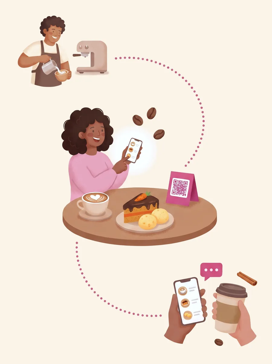 Ilustração: a barista desenha no leite do cappuccino, uma cliente na mesa escaneia o QR Code para ver o cardápio no celular, e um café para levar aparece ao lado do mesmo cardápio.