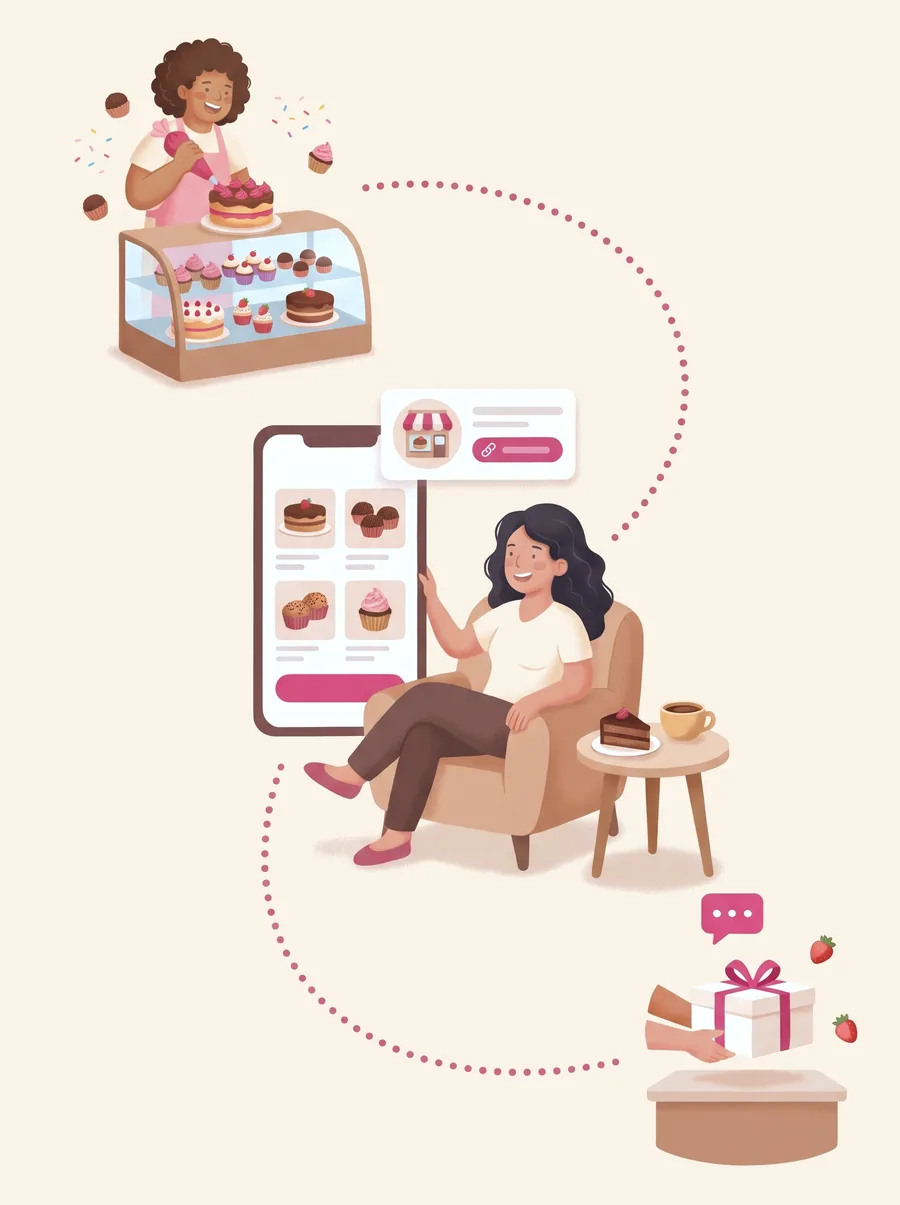 Ilustração: a confeiteira decora um bolo ao lado da vitrine de doces, uma cliente vê o cardápio com fotos de bolos e brigadeiros no celular pelo link do perfil, e a caixa do bolo é entregue no balcão.