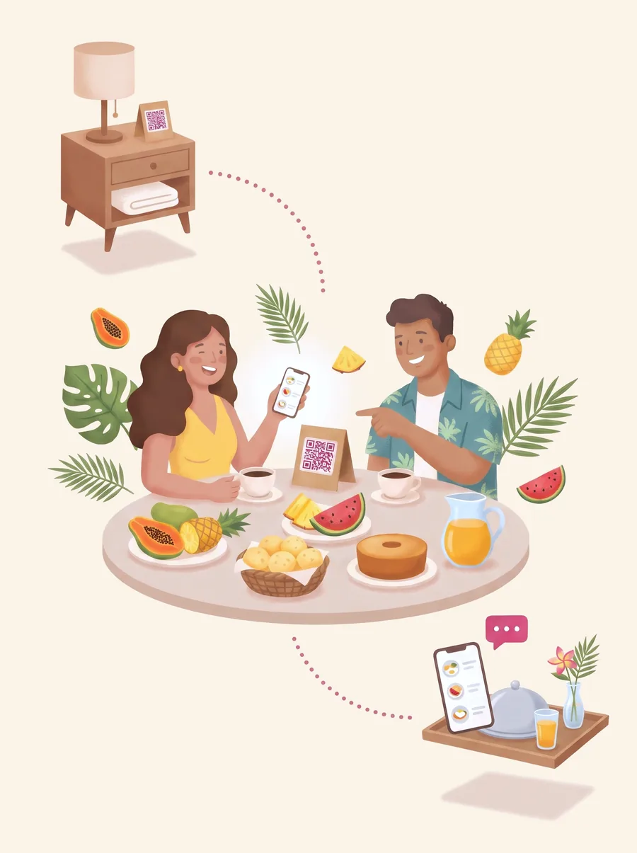 Ilustração: o QR Code na mesa de cabeceira do quarto, um casal de hóspedes no café da manhã escaneia o QR Code da mesa para ver o cardápio no celular, e uma bandeja de room service aparece ao lado do mesmo cardápio.