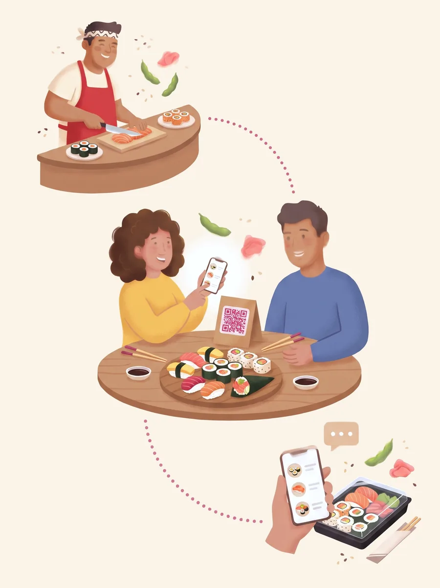 Ilustração: o sushiman corta o salmão no balcão, um casal escaneia o QR Code na mesa para ver os combinados no celular e, em casa, um cliente vê o mesmo cardápio ao lado da bandeja de sushi do delivery.