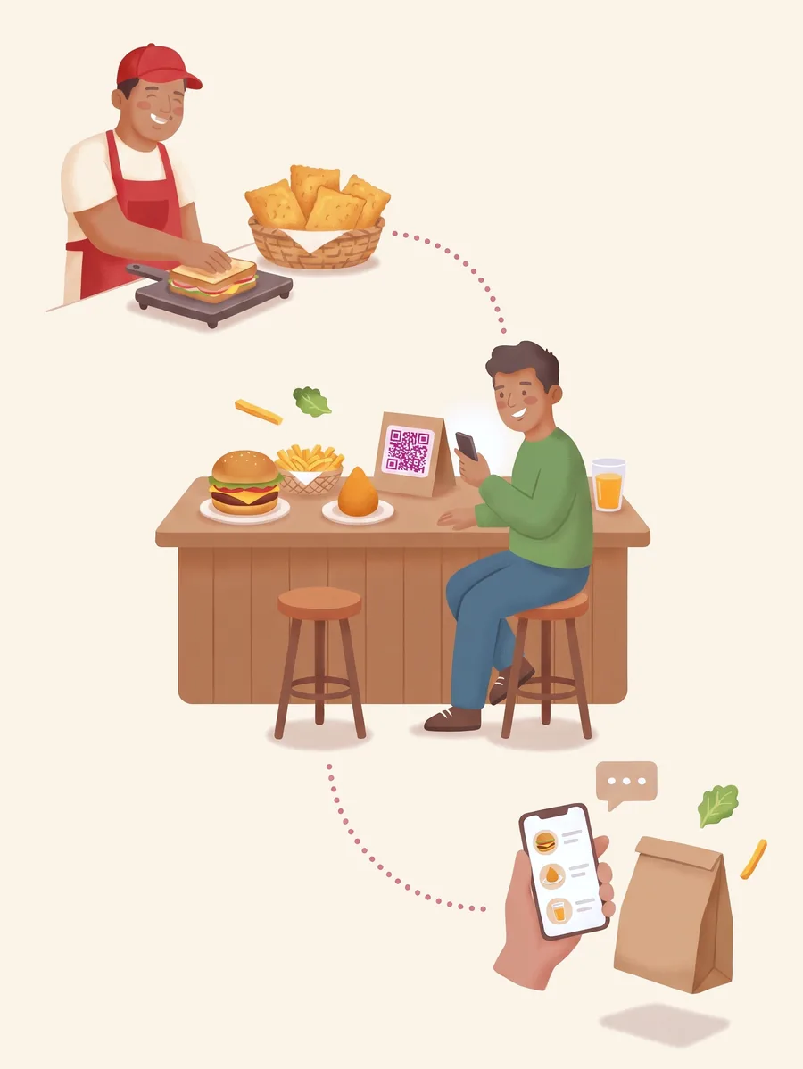Ilustração: o chapeiro prepara o lanche na chapa, um cliente no balcão escaneia o QR Code para ver o cardápio no celular e, em casa, outro vê o mesmo cardápio ao lado do pedido.