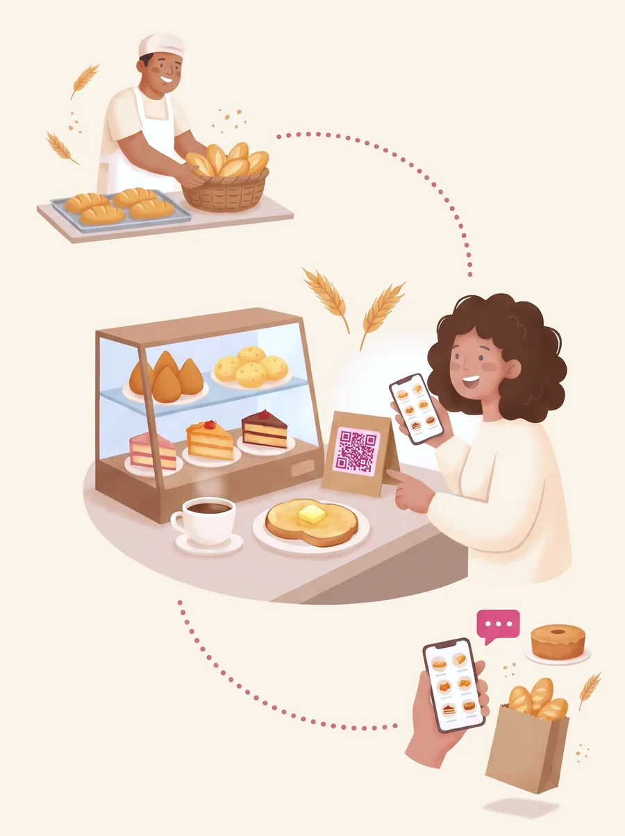 Ilustração: o padeiro arruma os pães franceses na cesta, um cliente no balcão escaneia o QR Code para ver o cardápio no celular, e uma encomenda de pães e bolo aparece ao lado do mesmo cardápio.