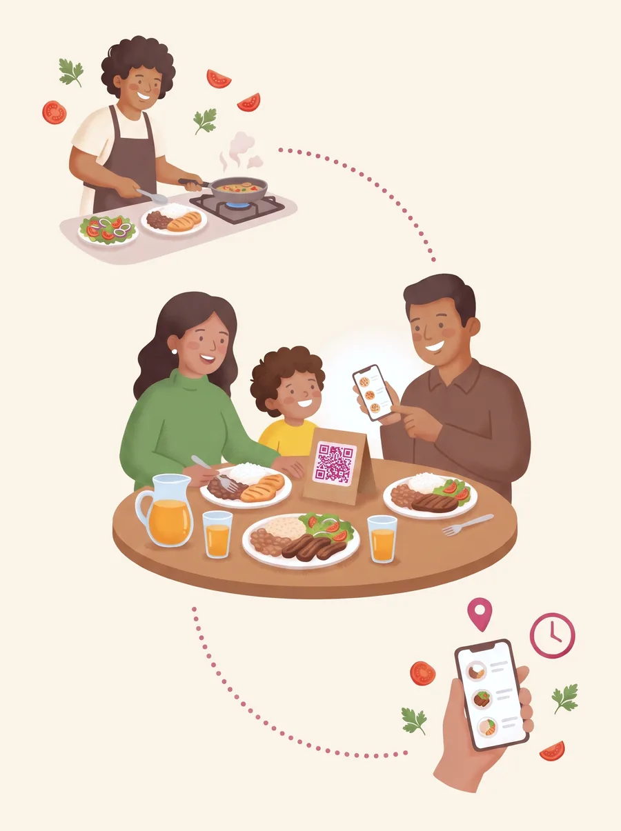Ilustração: o cozinheiro monta o prato, uma família escaneia o QR Code na mesa para ver o cardápio no celular e um cliente encontra o cardápio com o endereço e o horário do restaurante.